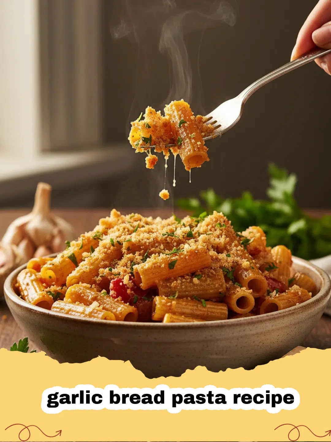 garlic bread pasta recipe - A close-up of a serving of garlic bread pasta, with glistening strands of pasta coated in a rich, buttery garlic sauce, garnished with fresh parsley and Parmesan cheese.