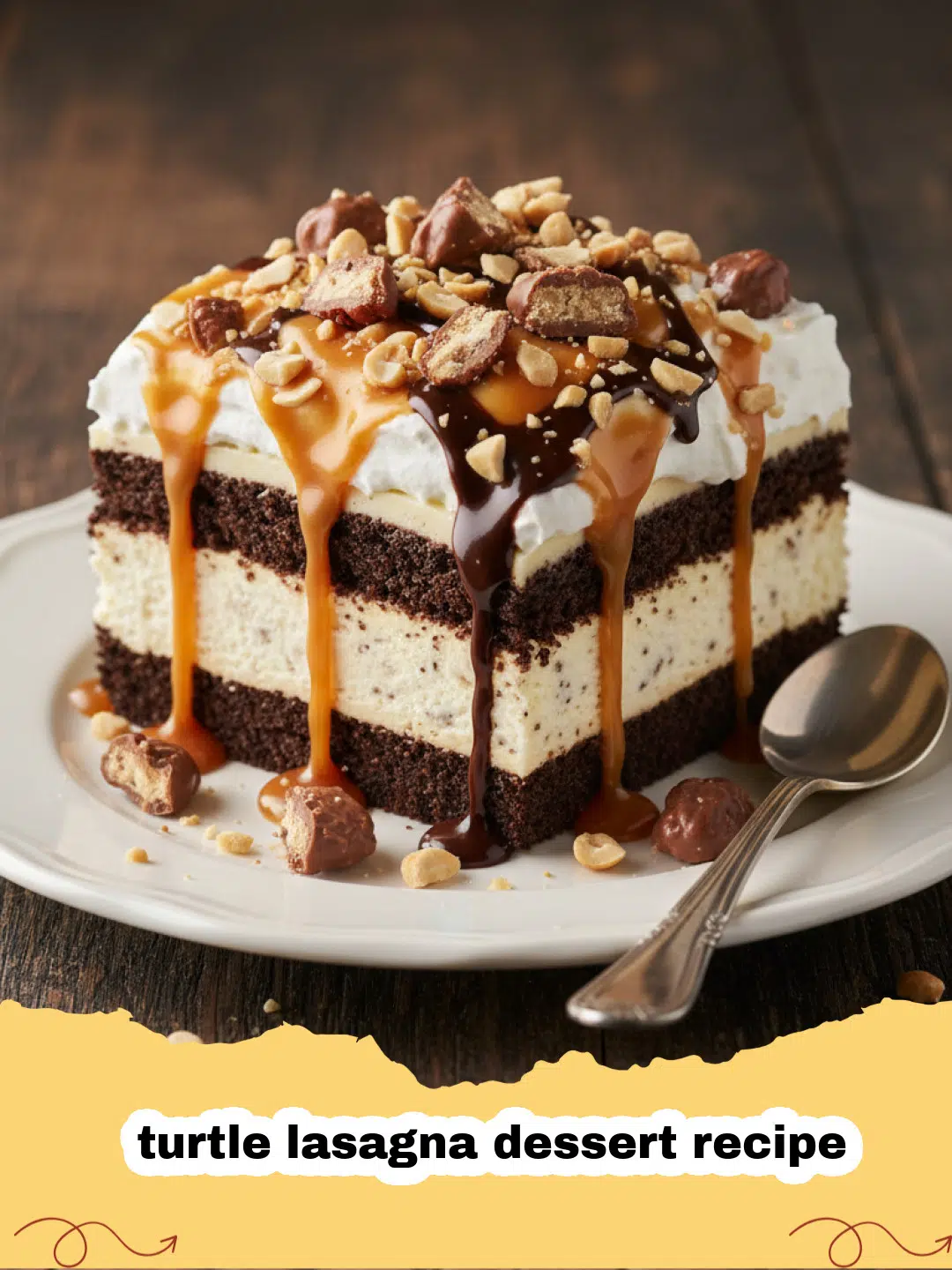 turtle lasagna dessert recipe - A close-up shot of a slice of decadent No-Bake Turtle Lasagna Dessert, showing layers of Oreo crust, cream cheese, chocolate pudding, caramel, and pecans on a white plate.