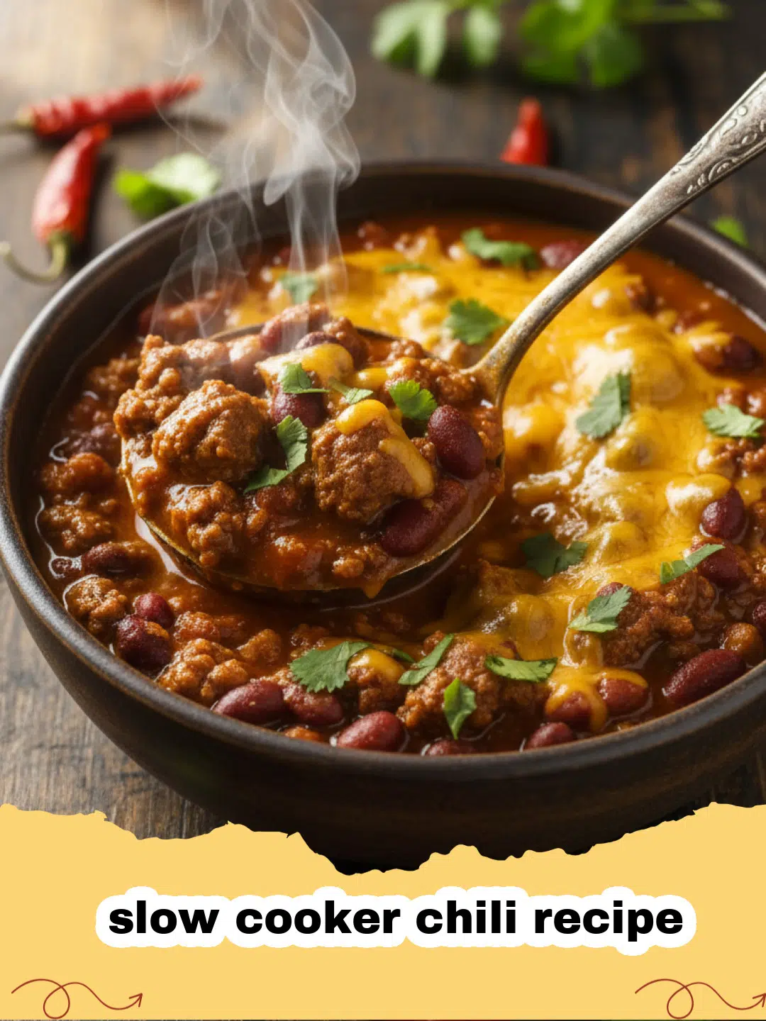 slow cooker chili recipe - A steaming bowl of hearty slow cooker chili topped with melted cheddar cheese and fresh cilantro, ready to be enjoyed.