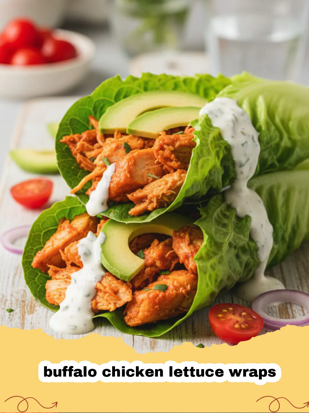buffalo chicken lettuce wraps - Close-up of a perfectly assembled buffalo chicken lettuce wrap with ranch drizzle and celery.