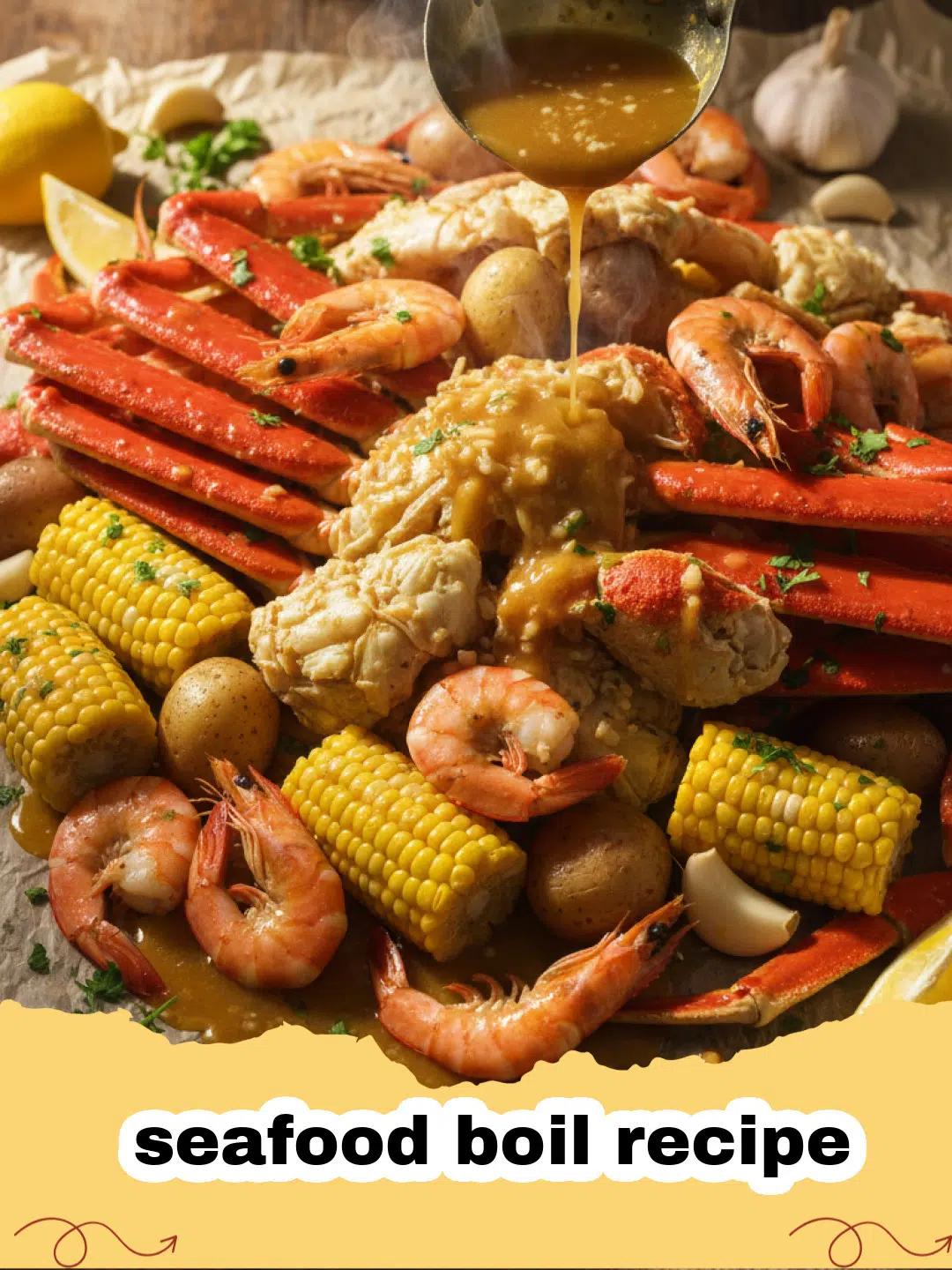 seafood boil recipe - A vibrant, steaming seafood boil spread on a table, featuring crab legs, shrimp, corn on the cob, and red potatoes, garnished with fresh parsley and lemon wedges.