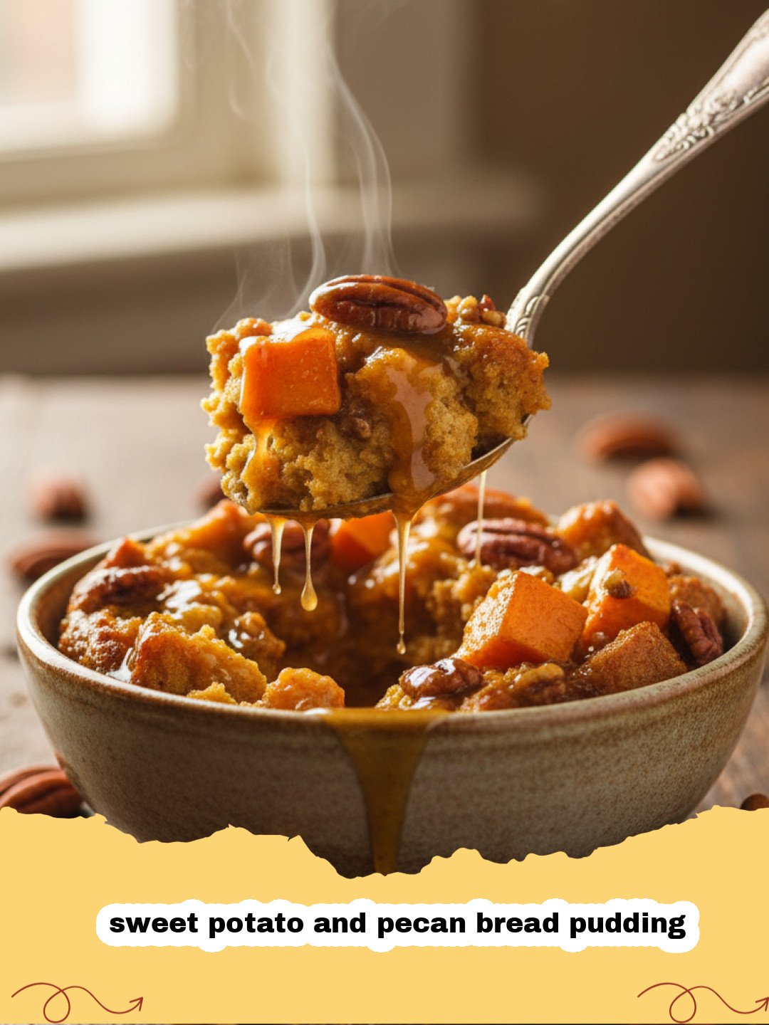 A close up of a golden brown sweet potato and pecan bread pudding in a white dish.