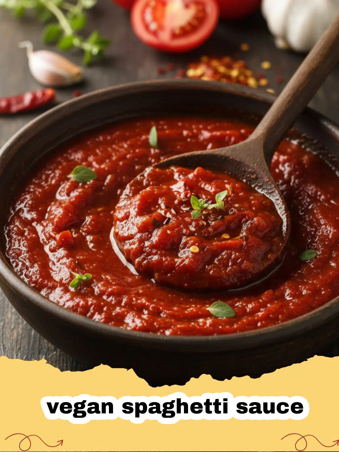 Close-up of a rich, hearty vegan spaghetti sauce simmering in a pot with fresh basil garnish.