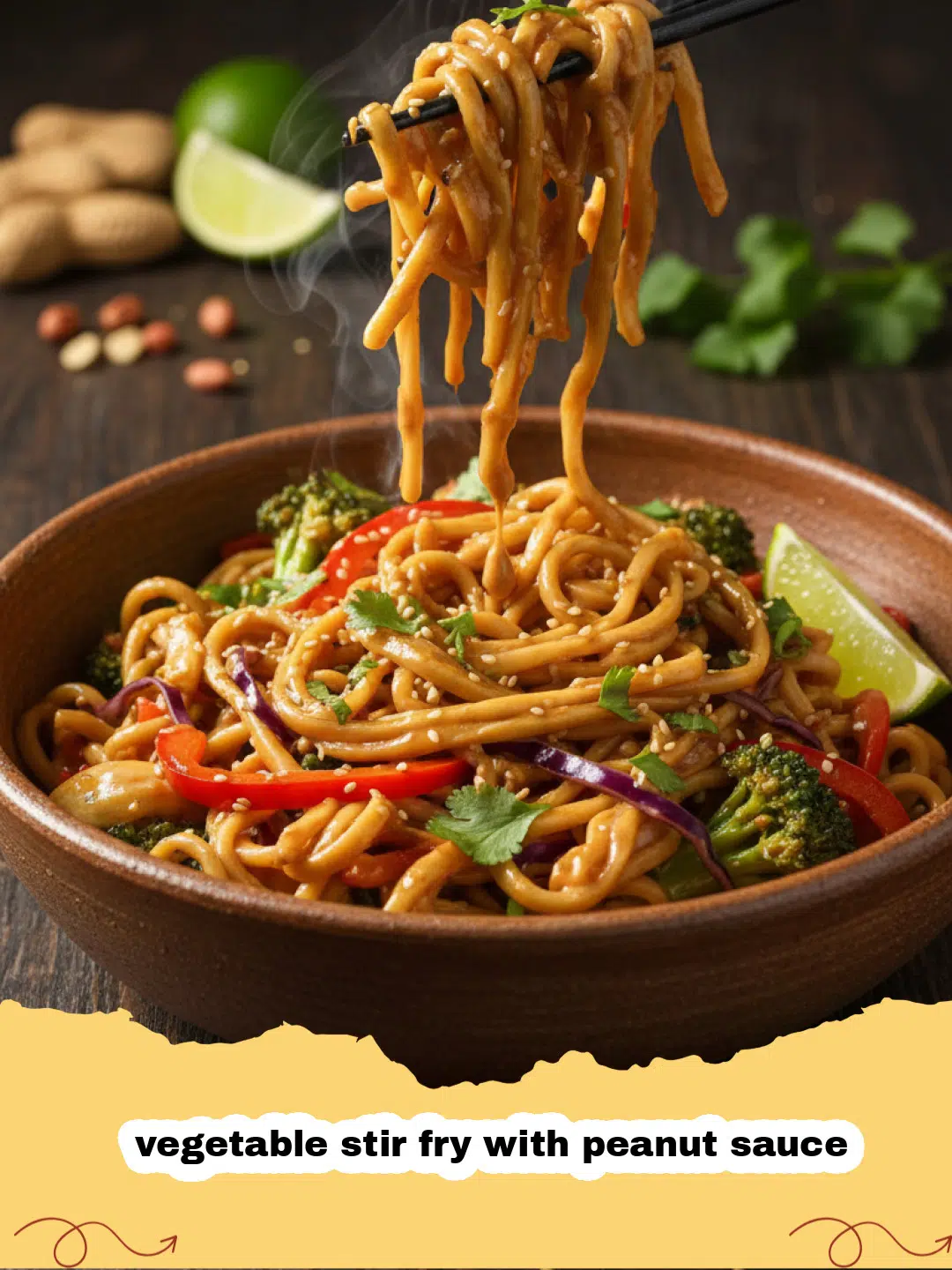 Close-up of a vibrant vegetable stir fry with peanut sauce served over rice, garnished with sesame seeds and green onions.