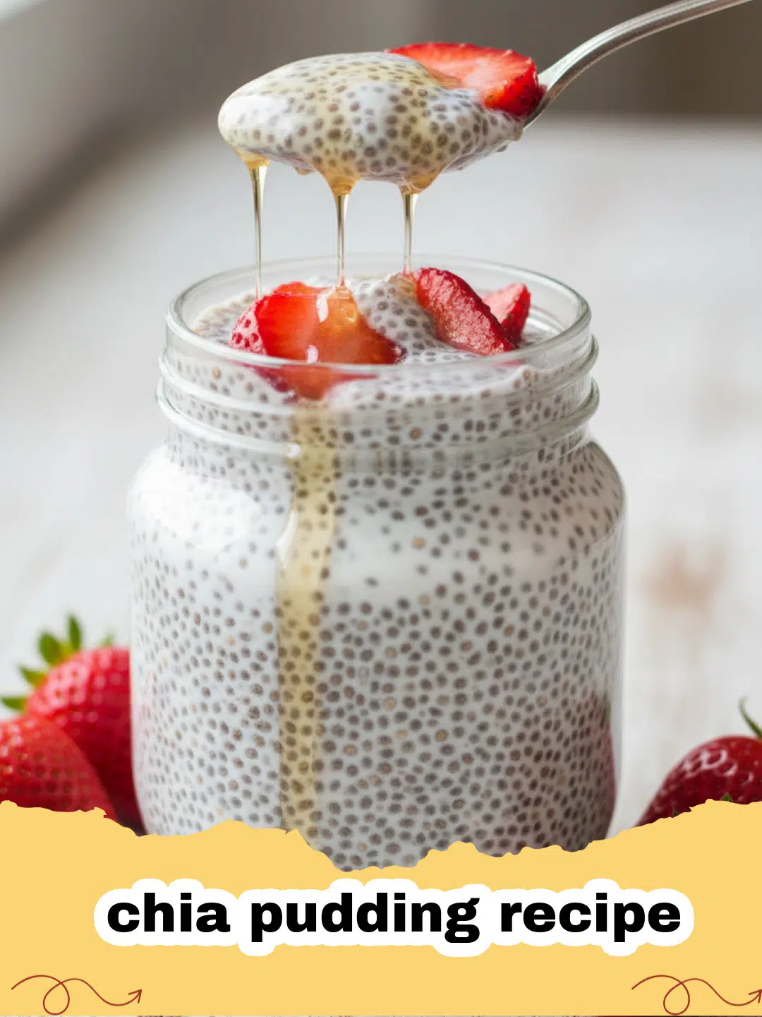chia pudding recipe - Two glass jars of creamy vanilla chia pudding topped with fresh berries, sliced banana, and granola, ready for a healthy breakfast.