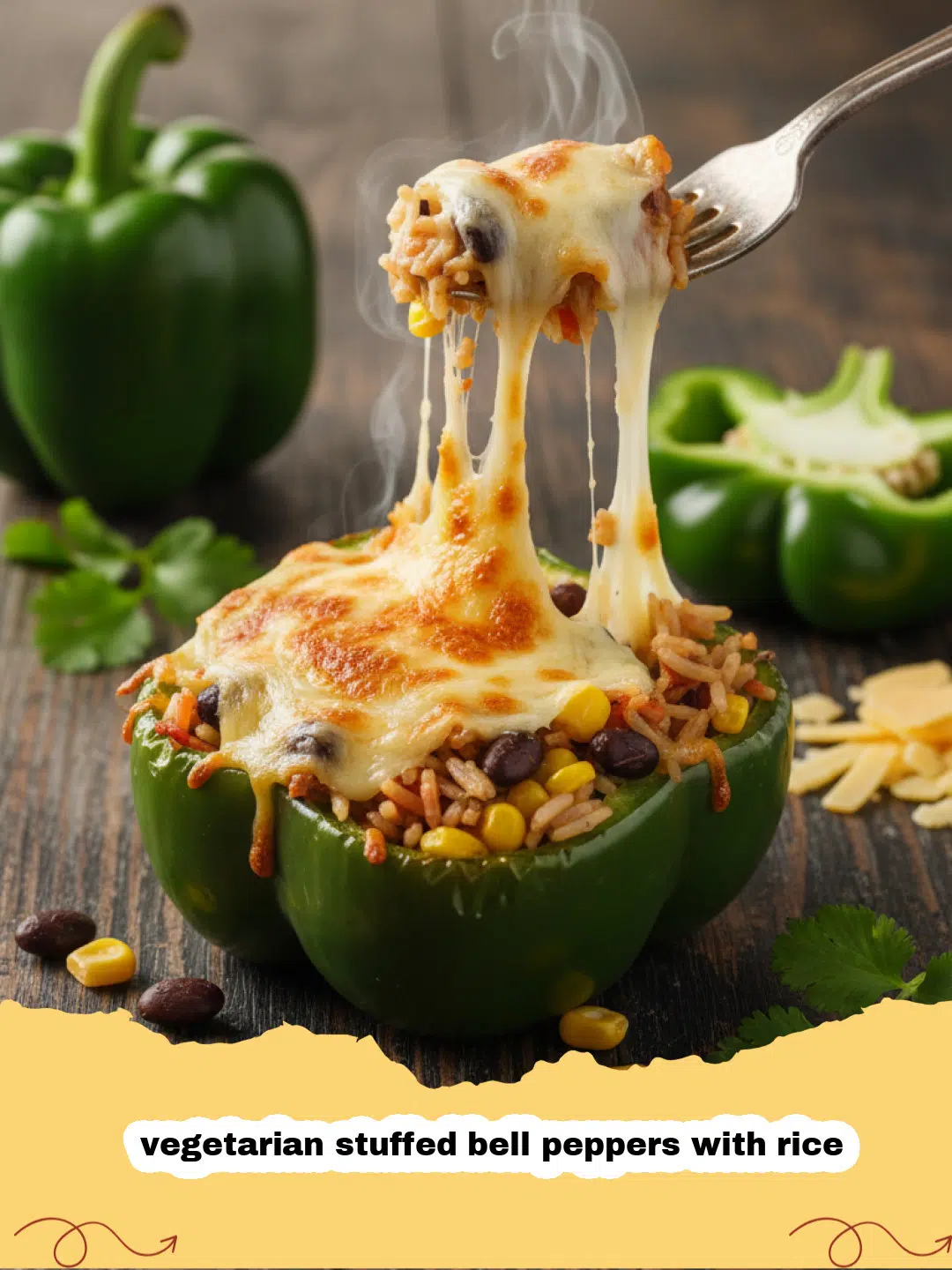 Vibrantly colored vegetarian stuffed bell peppers with rice, garnished with fresh herbs, on a wooden board.
