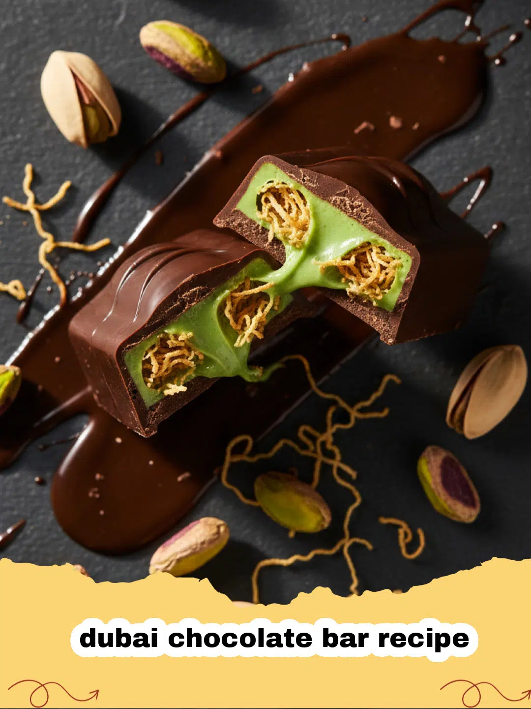 dubai chocolate bar recipe - Close-up of a homemade Dubai chocolate bar, broken open to reveal layers of smooth milk chocolate, crispy golden kataifi, and vibrant green pistachios.