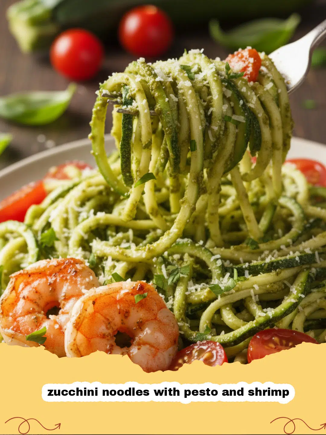 Close-up of vibrant zucchini noodles with pesto and shrimp, garnished with fresh basil