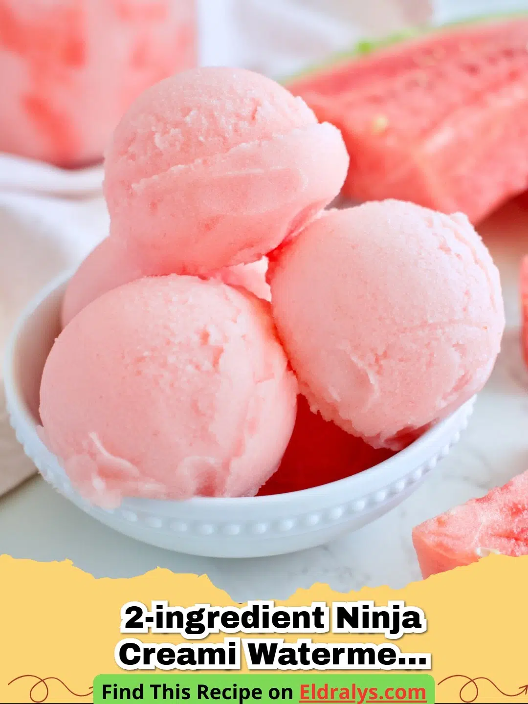 2-Ingredient Ninja Creami Watermelon Sorbet (No Added Sugar) - 2-Ingredient Ninja Creami Watermelon Sorbet in a bowl with a lime wedge