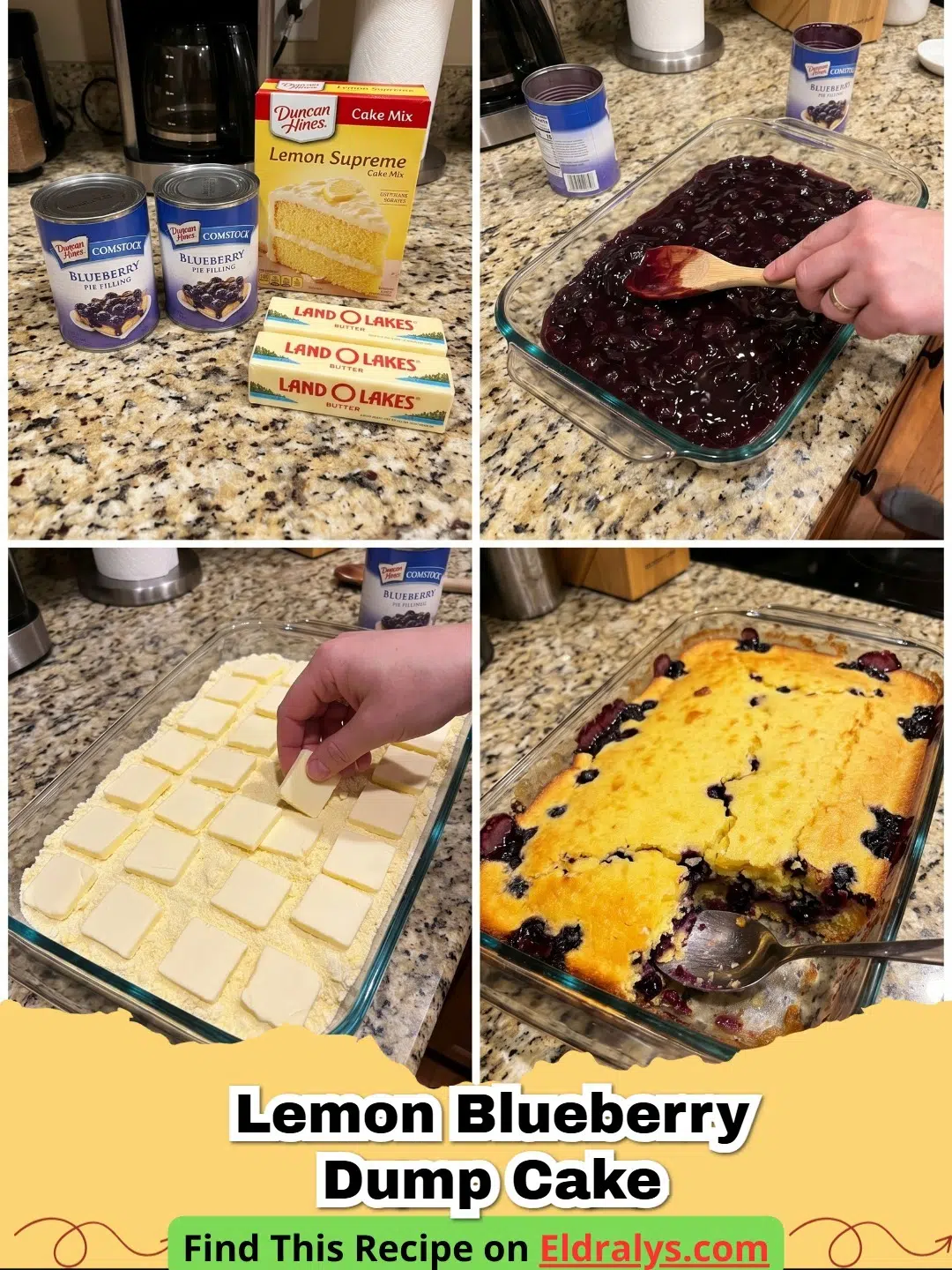 A golden brown 3-Ingredient Lemon Blueberry Dump Cake in a baking dish.