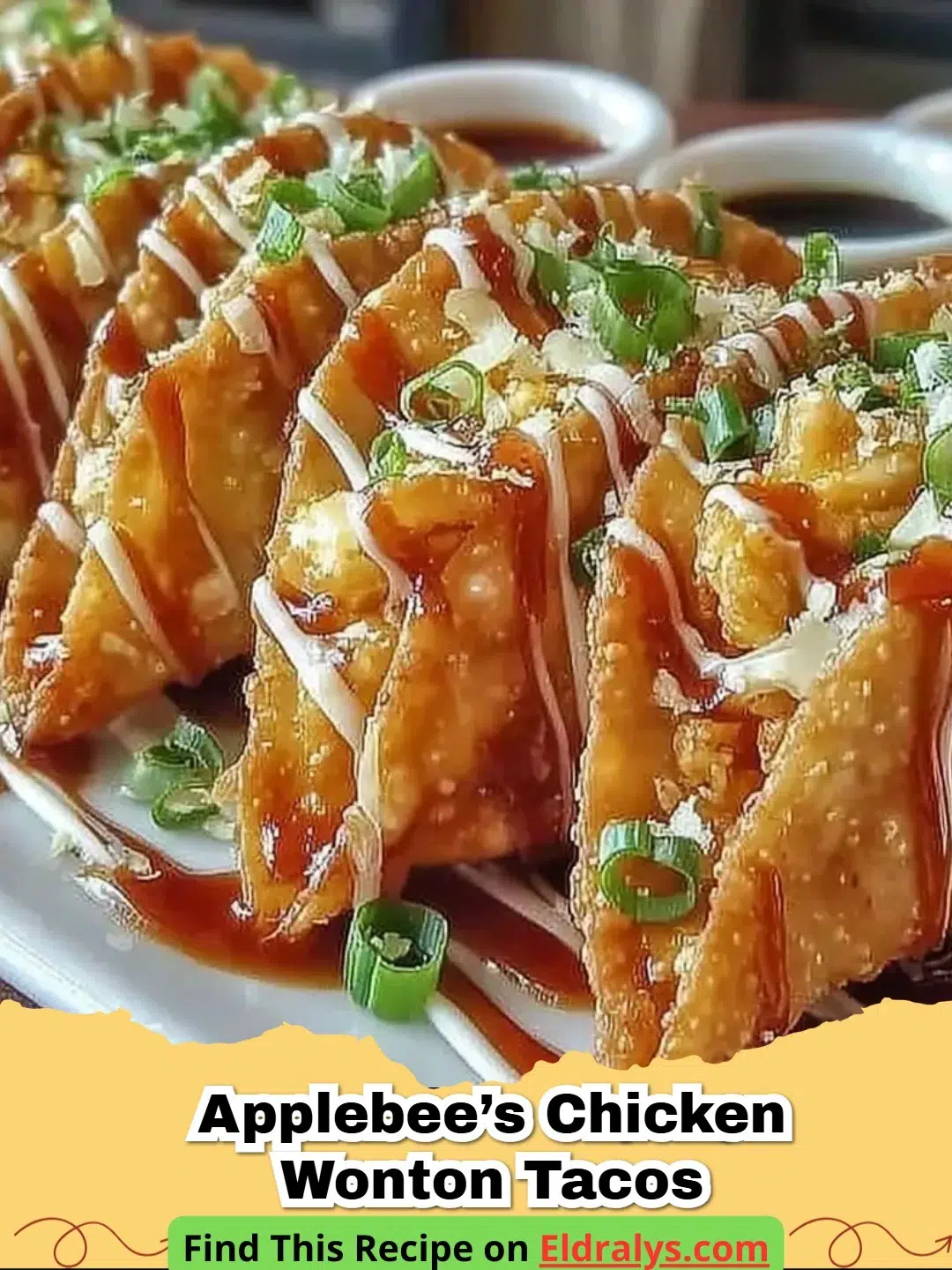 A plate of golden brown Applebee’s Chicken Wonton Tacos topped with fresh green slaw and cilantro.