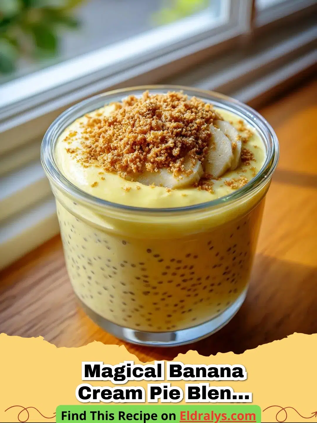Smooth and creamy Banana Cream Pie Blended Chia Pudding in a glass jar topped with banana slices.