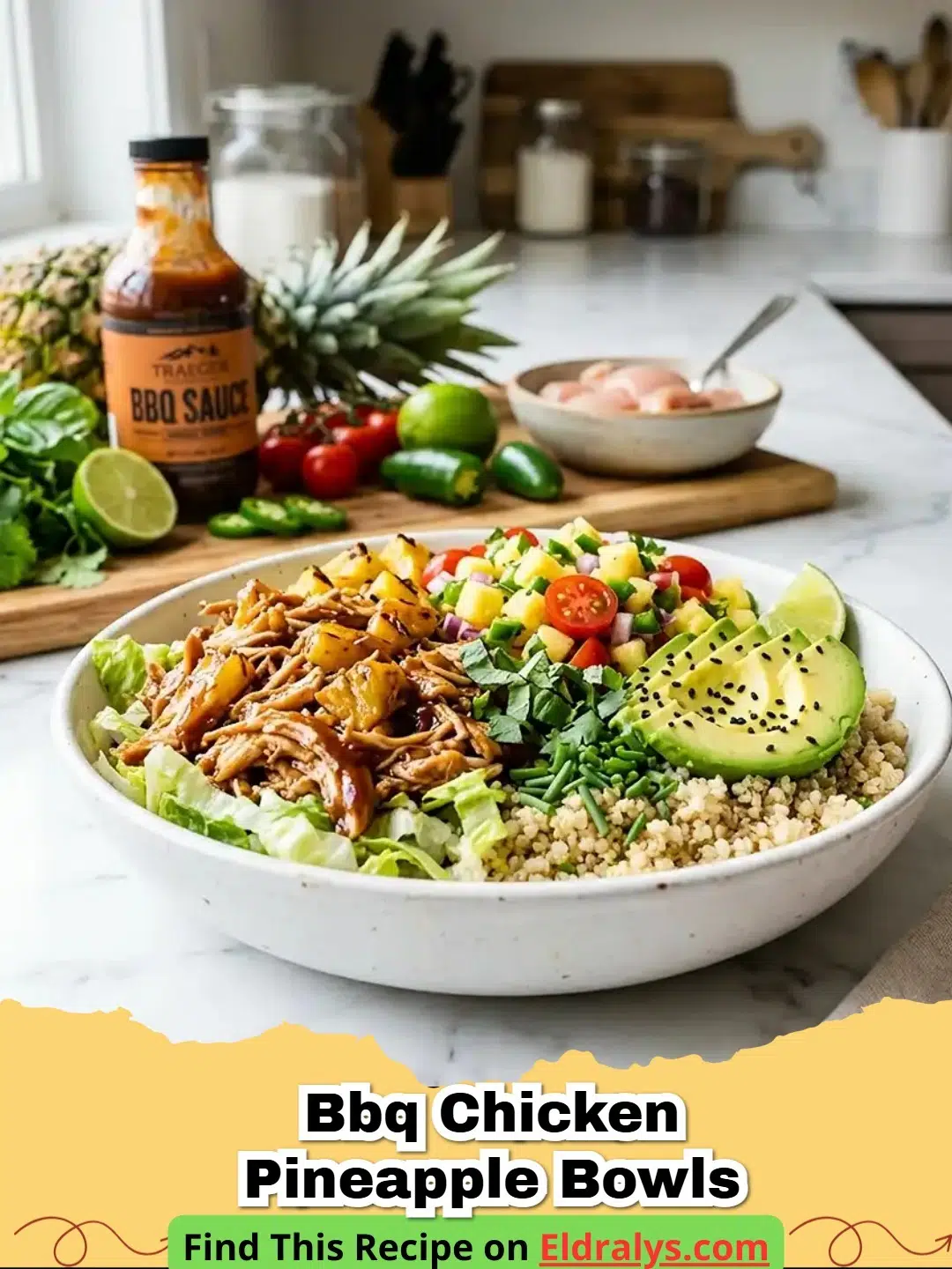 BBQ Chicken Pineapple Bowls - A vibrant BBQ Chicken Pineapple Bowl served in a fresh pineapple shell with cilantro garnish.