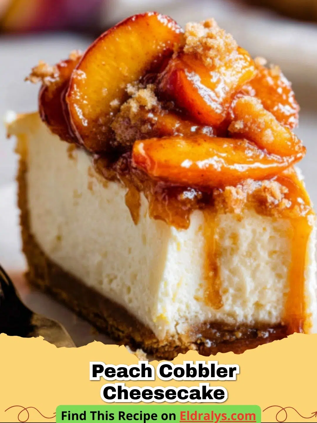 A close up of a Peach Cobbler Cheesecake slice with spiced peaches and streusel.