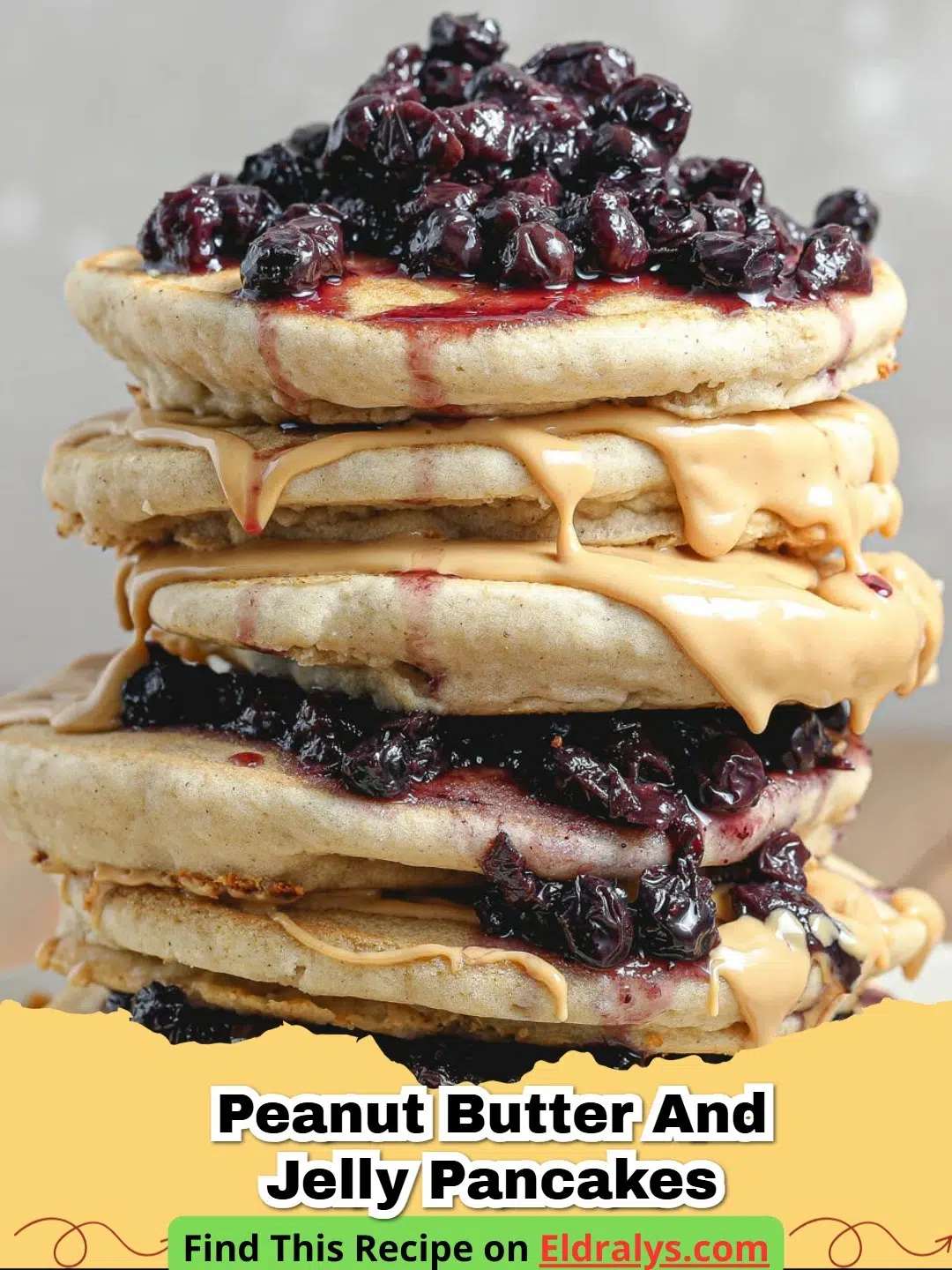 A tall stack of fluffy Butter and Jelly Pancakes with melting butter and dripping red jelly.