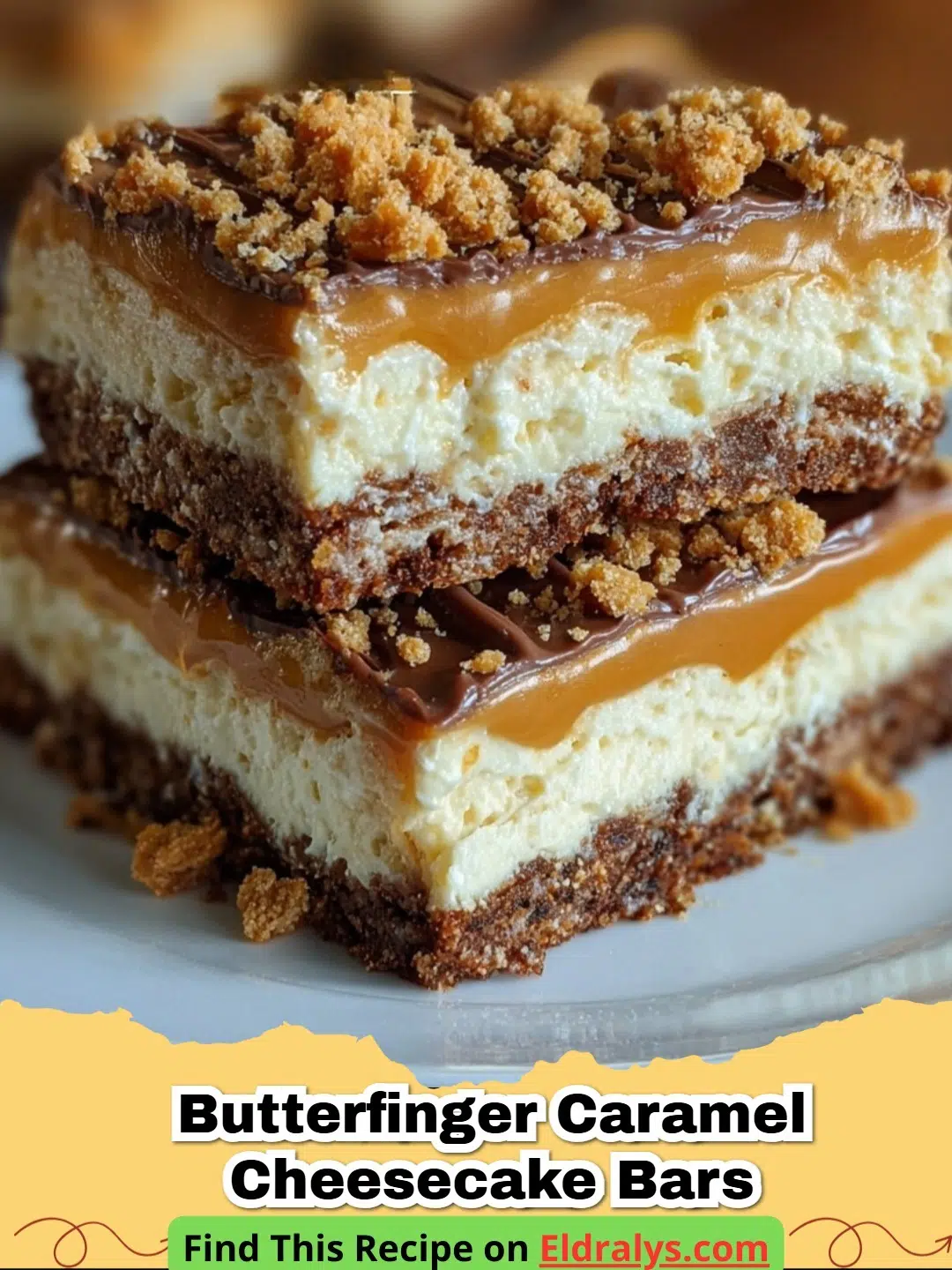 Close up of Butterfinger Caramel Cheesecake Bars with caramel drizzle