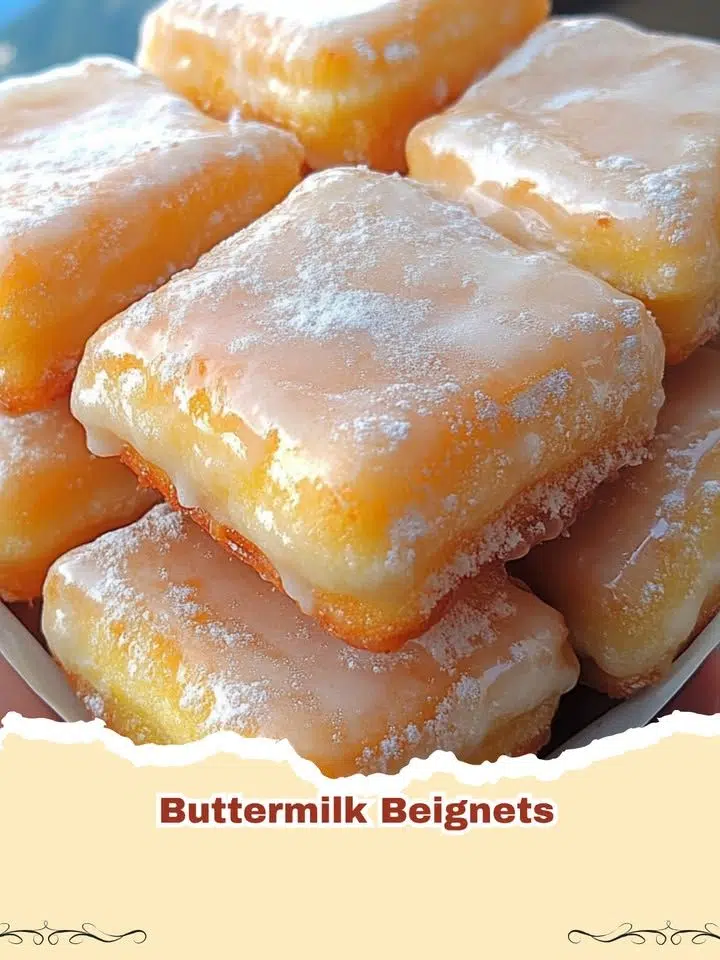 A stack of golden Buttermilk Beignets covered in powdered sugar.