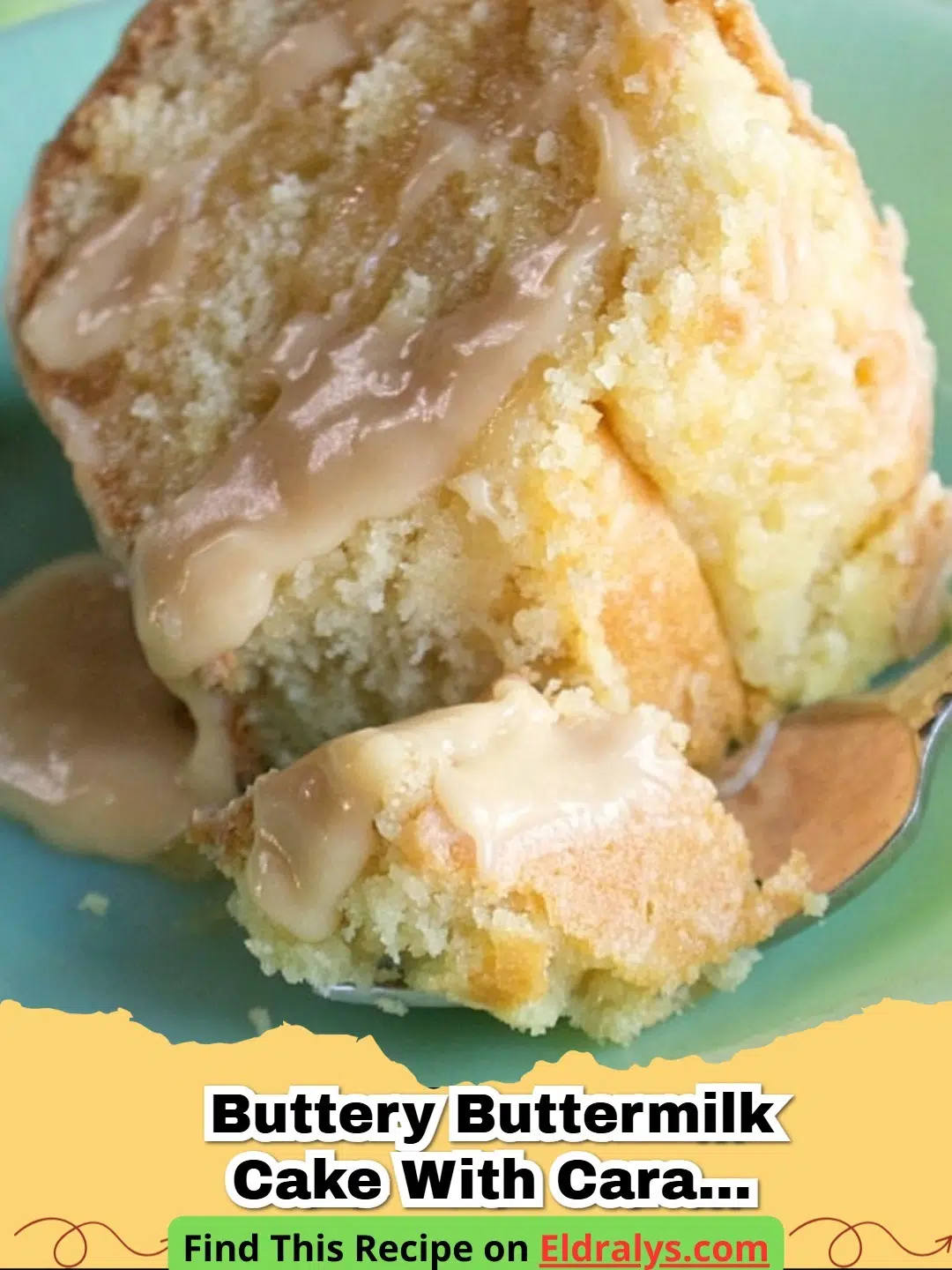 A close up of Buttery Buttermilk Cake with Caramel Icing on a white plate