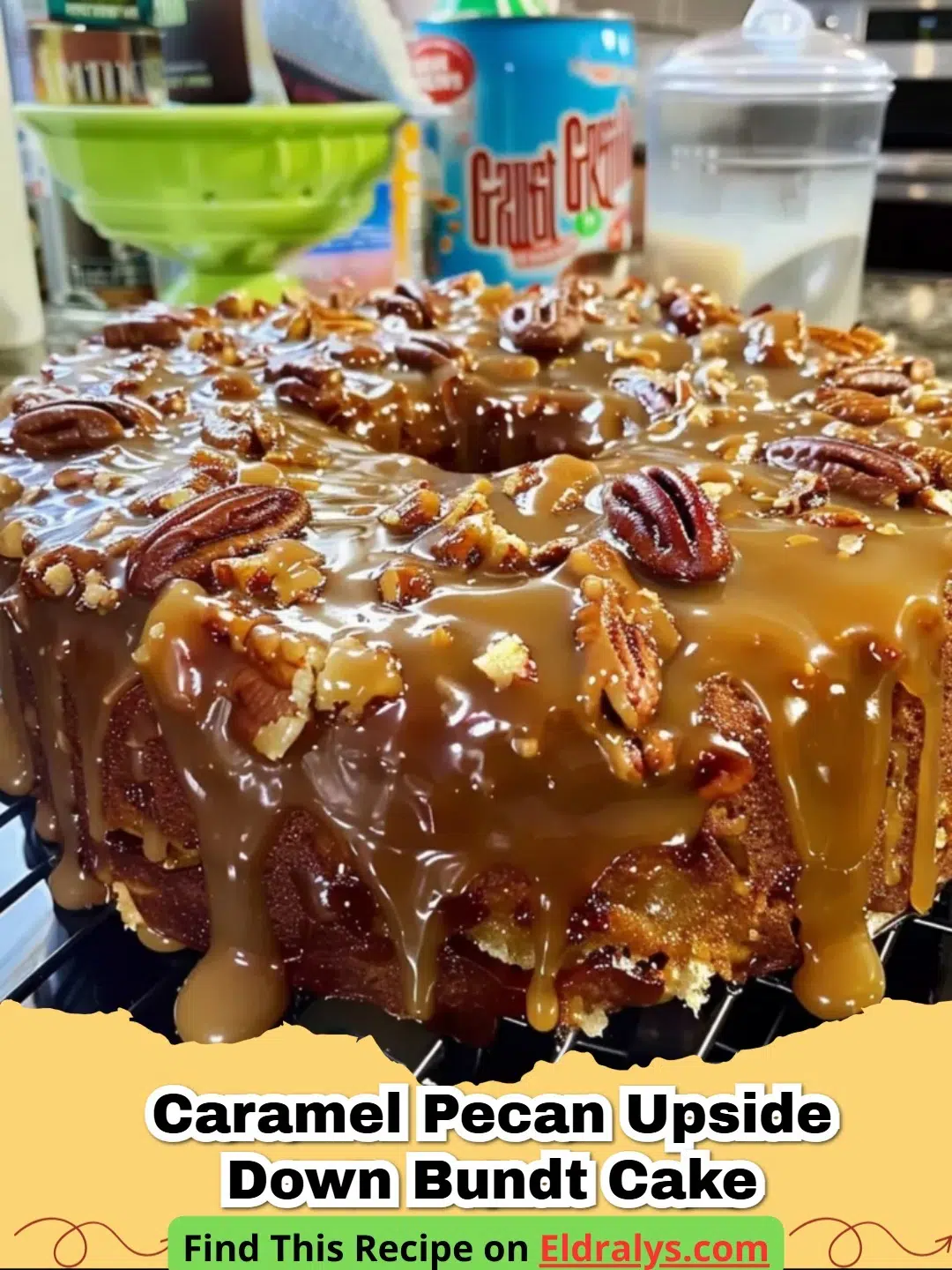 A golden Caramel Pecan Upside Down Bundt Cake on a white serving plate
