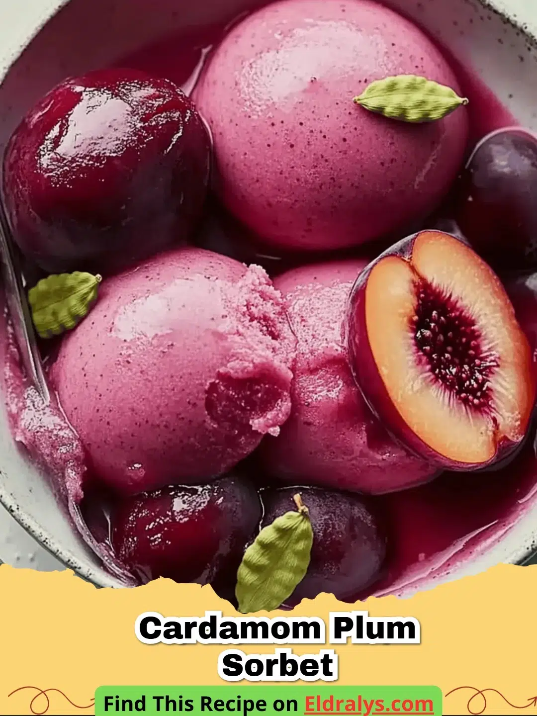 A scoop of vibrant ruby red Cardamom Plum Sorbet in a white bowl garnished with mint.