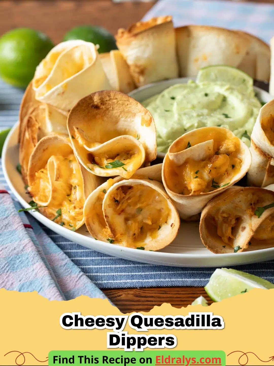 A platter of golden brown Cheesy Quesadilla Dippers with a bowl of red salsa.
