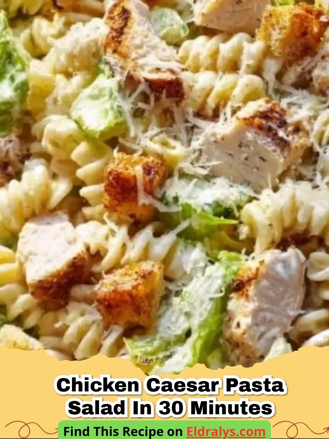 Chicken Caesar Pasta Salad in 30 Minutes | Easy Recipe - A bowl of freshly tossed Chicken Caesar Pasta Salad with parmesan shavings.