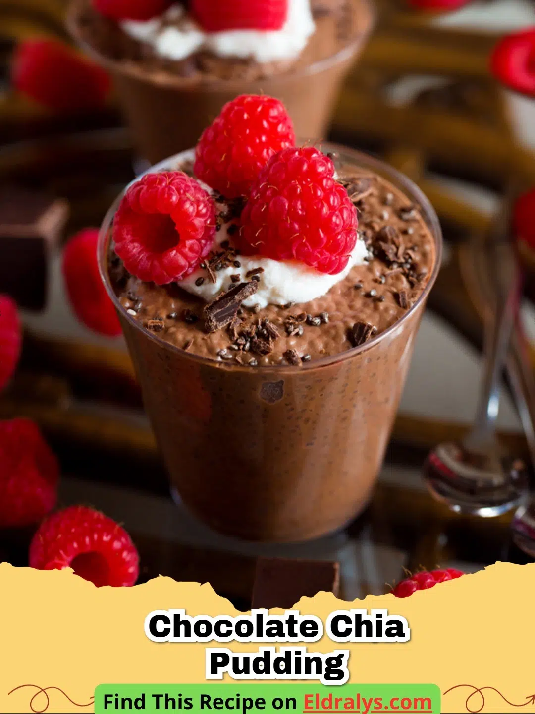 A glass jar filled with creamy Chocolate Chia Pudding topped with fresh raspberries