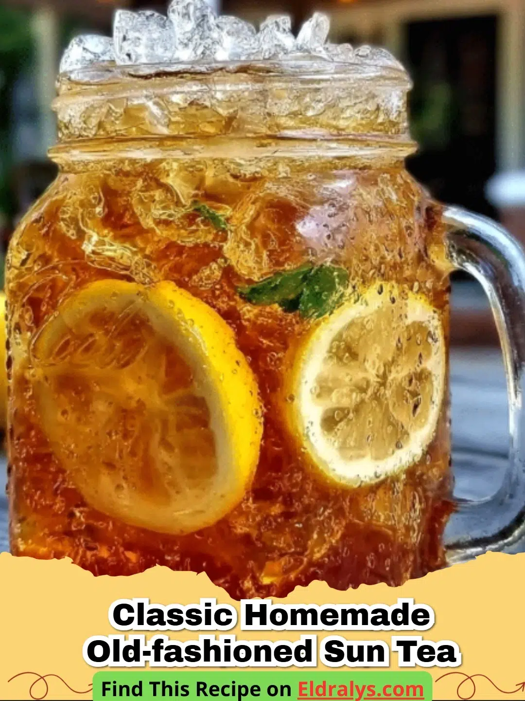 Classic Old-Fashioned Sun Tea Recipe - A gallon glass jar of amber-colored sun tea brewing in direct sunlight on a wooden table.