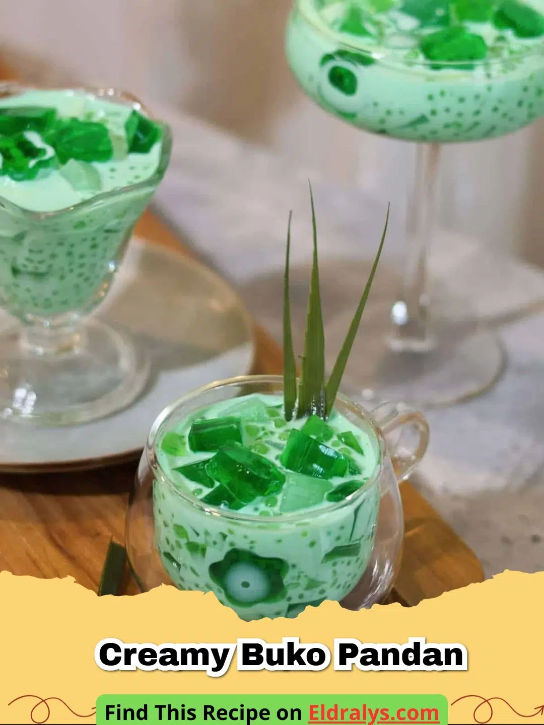 CREAMY BUKO PANDAN - A close-up shot of a bowl of Creamy Buko Pandan showing green jelly cubes and coconut strips.