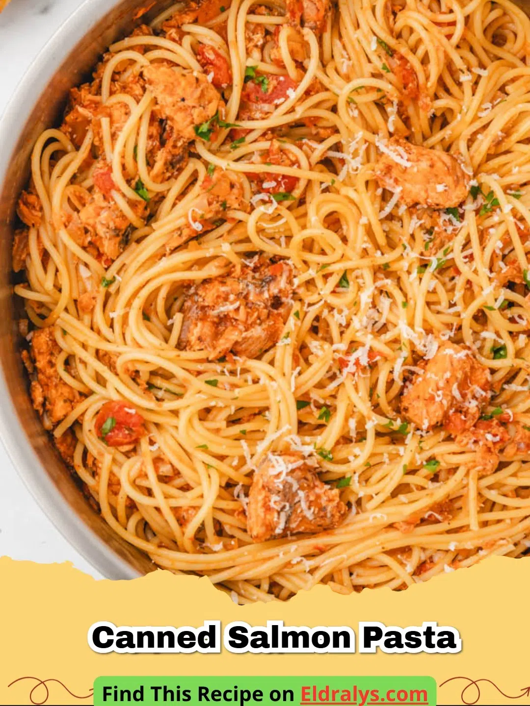 A close up shot of Creamy Canned Salmon Pasta with lemon and parsley