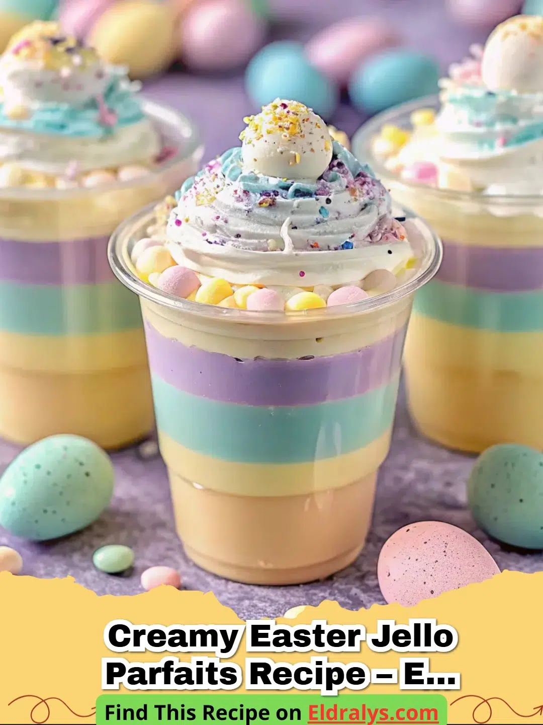 Creamy Easter Jello Parfaits Recipe – Easy No-Bake Layered Dessert - A close-up of vibrant pink, yellow, and green layers in a Creamy Easter Jello Parfait.