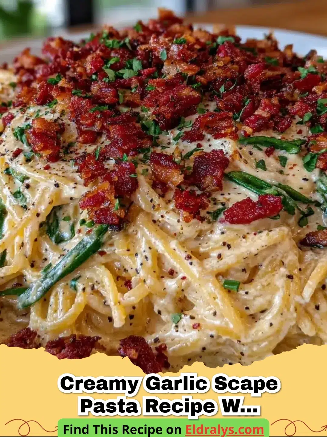 A close up shot of Creamy Garlic Scape Pasta Recipe with Crispy Pancetta Bites Easy and Delicious in a white bowl