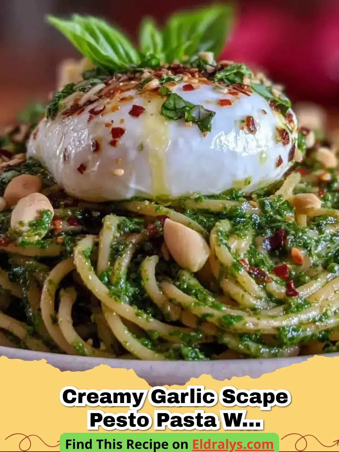 Creamy Garlic Scape Pesto Pasta with Burrata Easy Recipe for Perfect Dinner - Creamy Garlic Scape Pesto Pasta with Burrata on a white platter