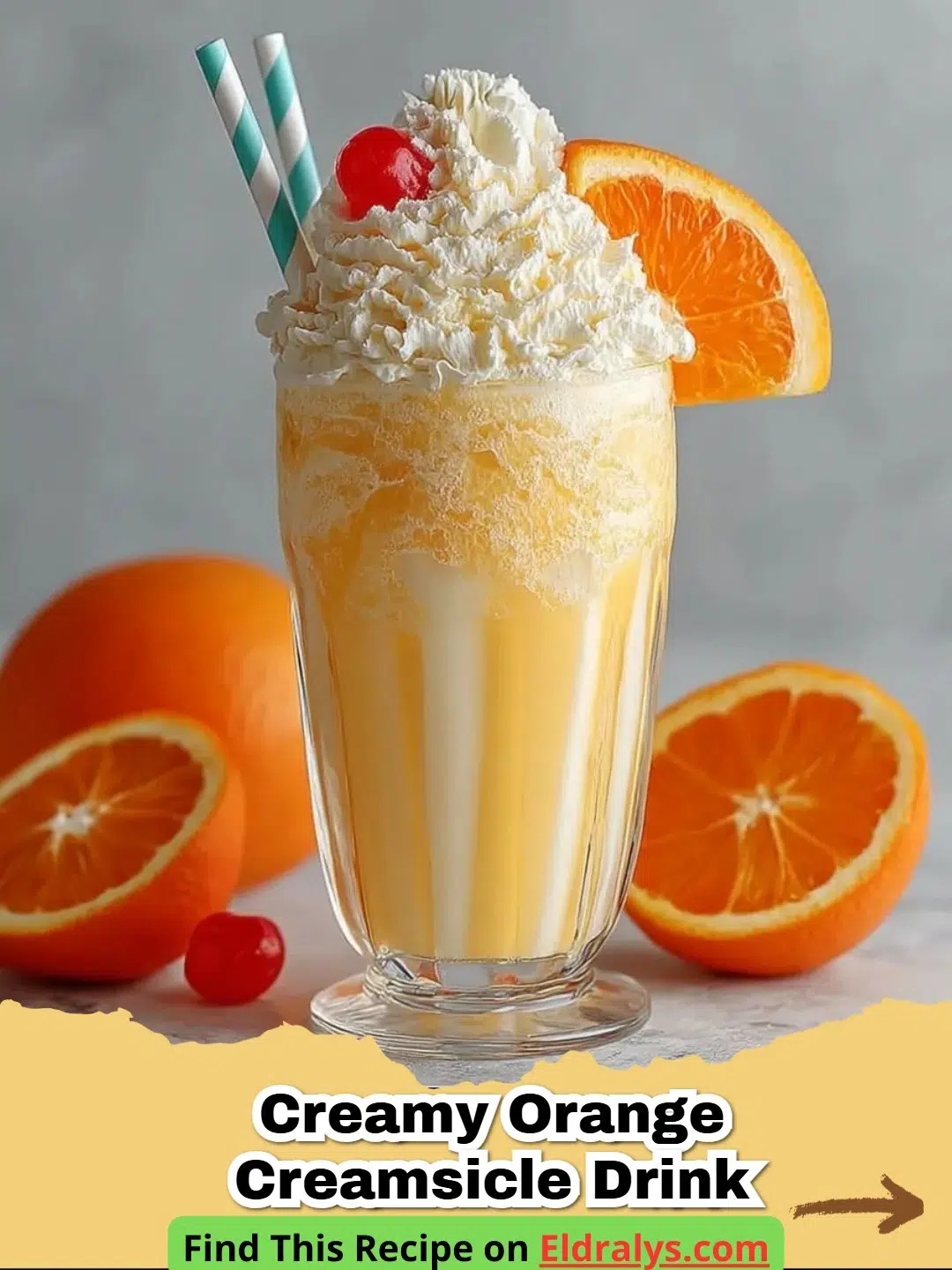A glass of Creamy Orange Creamsicle Drink topped with whipped cream and an orange slice.