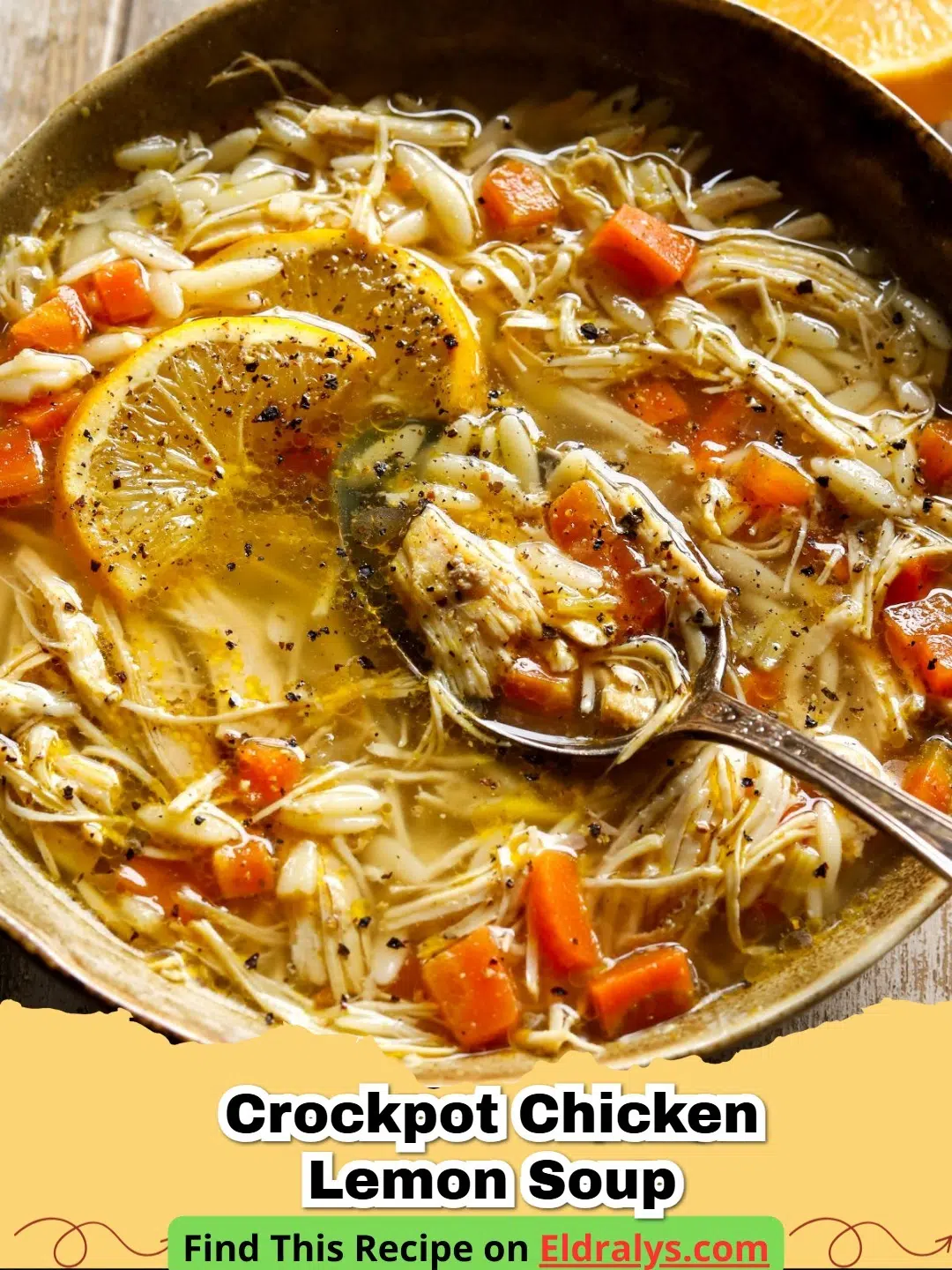 A steaming bowl of Crockpot Chicken Lemon Soup with orzo and fresh herbs.