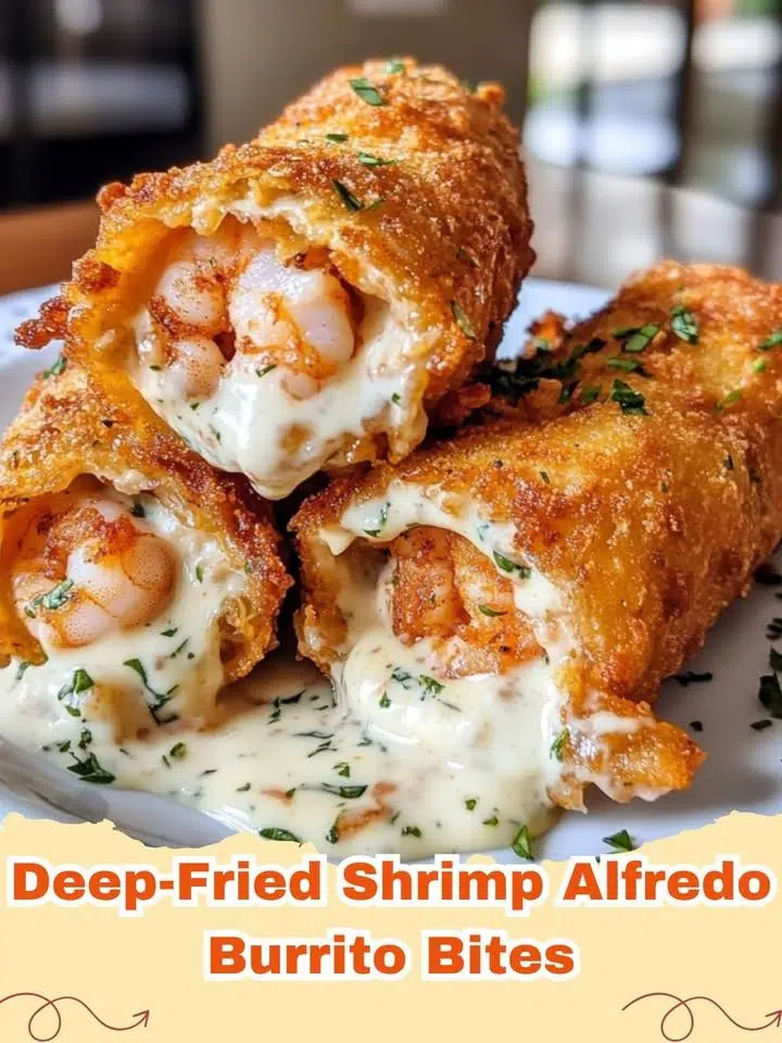 Golden Deep-Fried Shrimp Alfredo Burrito Bites A crispy and creamy fusion of flavors in every