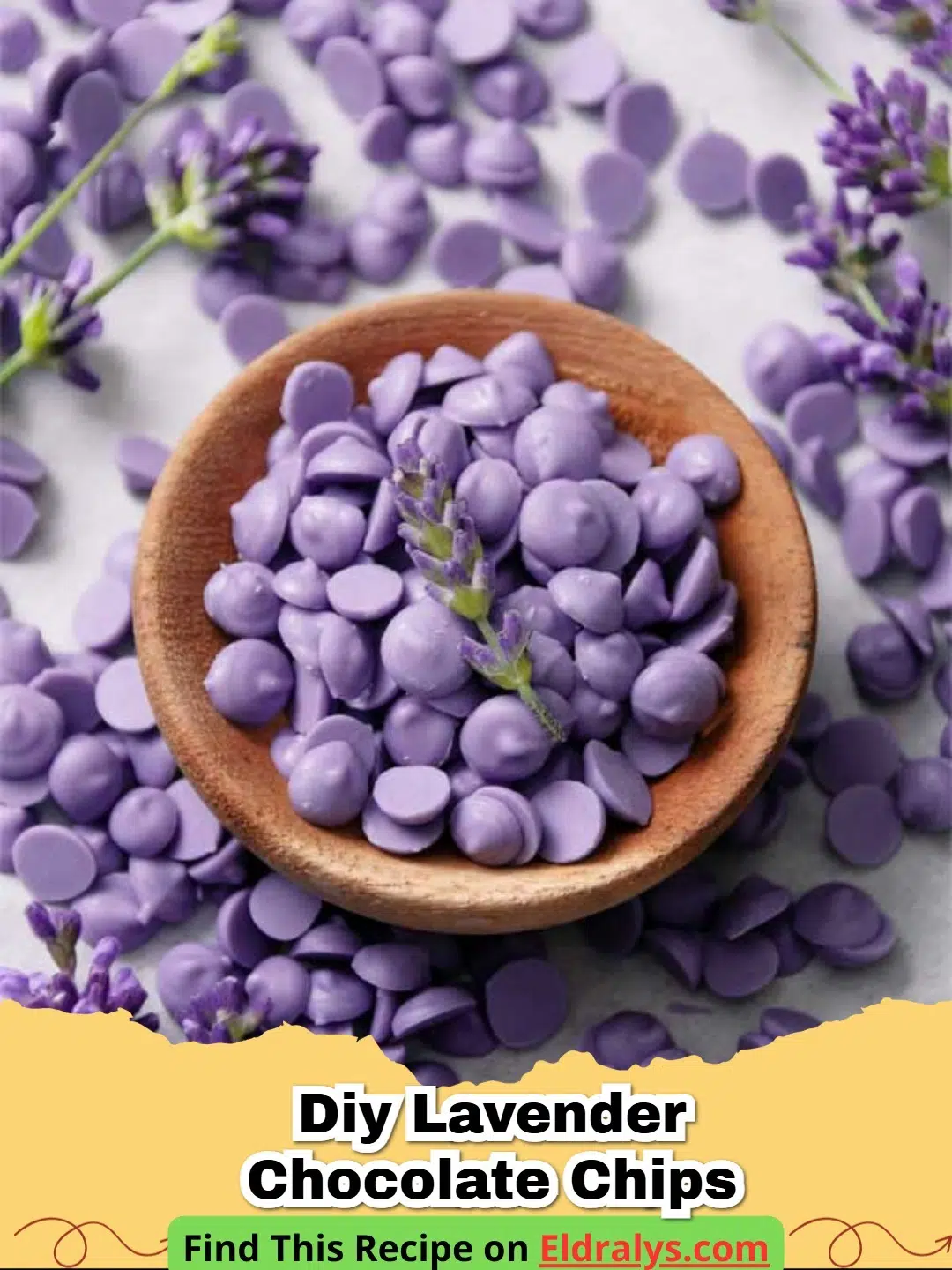 A close up view of DIY Lavender Chocolate Chips on a parchment paper background