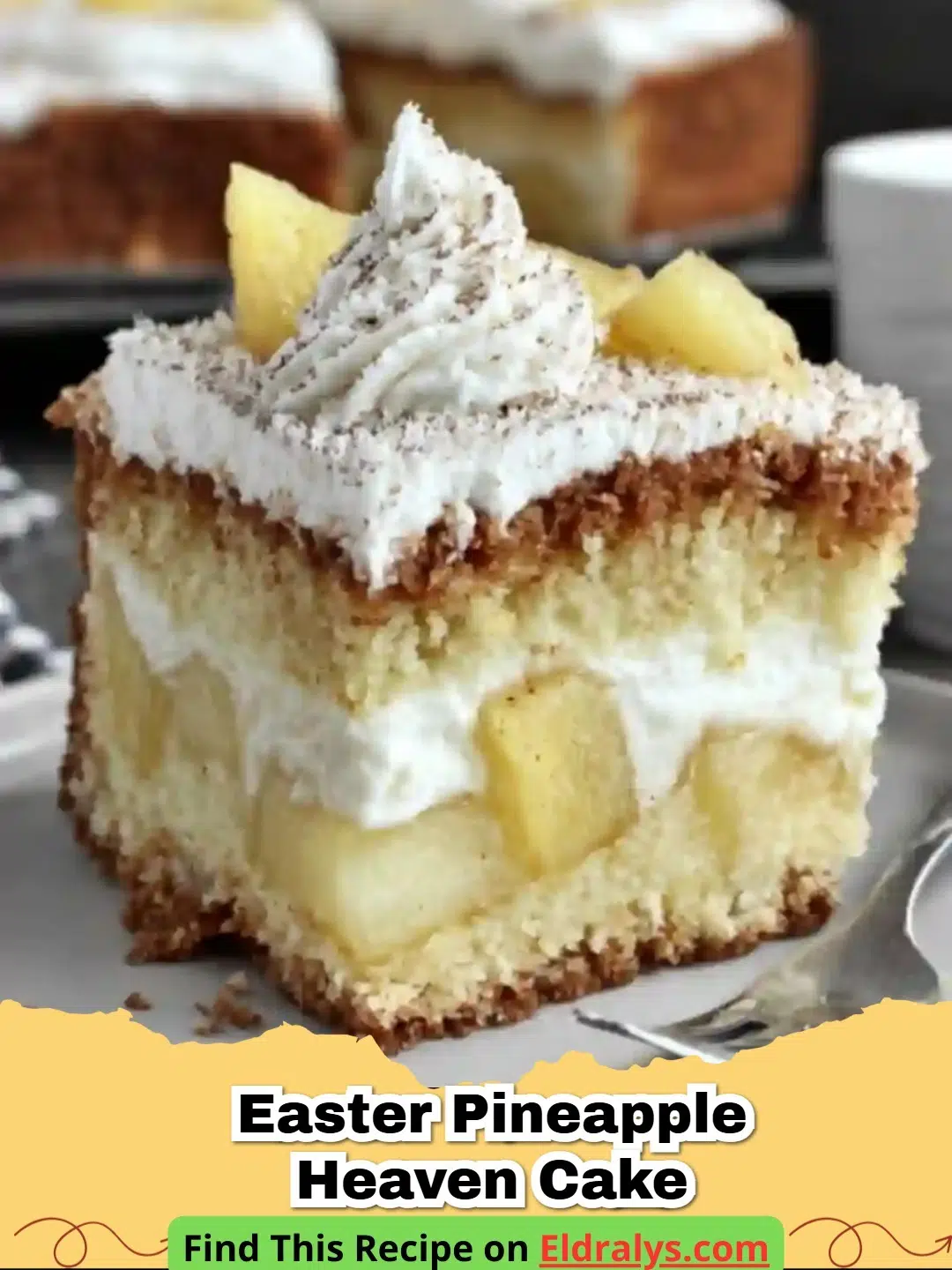 A delicious slice of Easter Pineapple Heaven Cake with white cream cheese frosting and toasted coconut garnish on a festive plate.