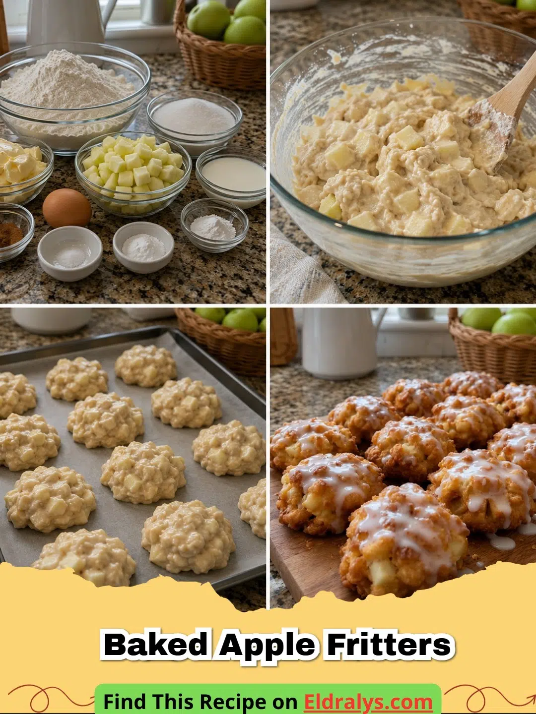 Easy Baked Apple Fritters Recipe on a cooling rack with vanilla glaze drizzle