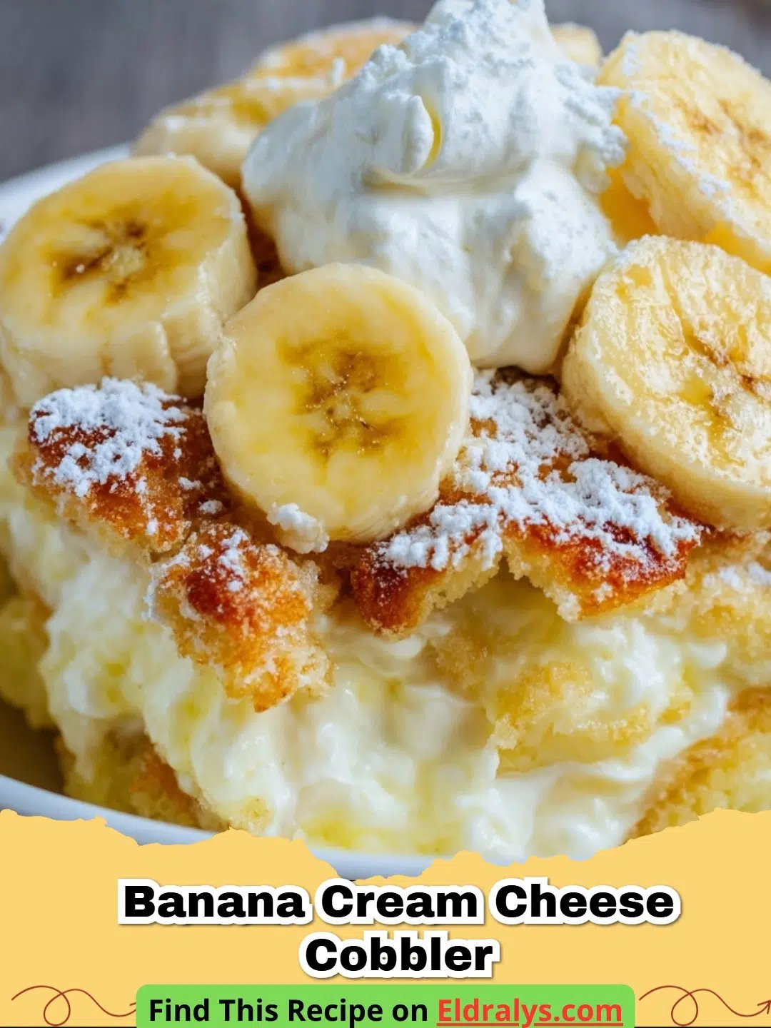 Golden brown Easy Banana Cream Cheese Cobbler Recipe in a baking dish
