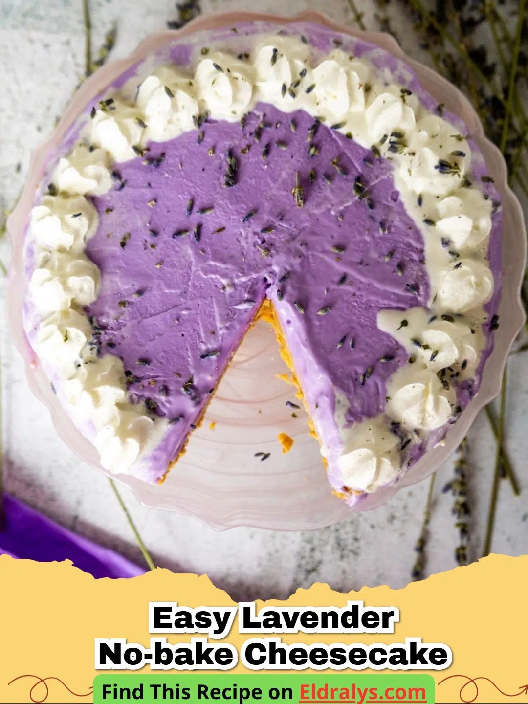 A slice of Easy Lavender No-Bake Cheesecake on a white plate garnished with fresh lavender sprigs.