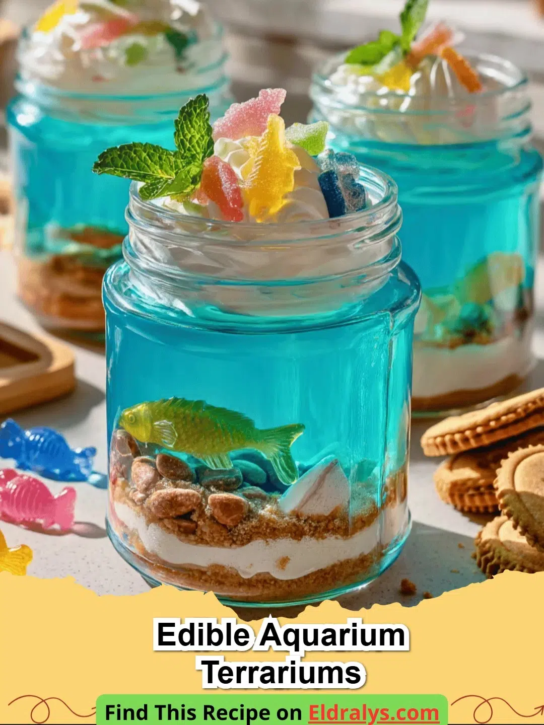 A close up of Edible Aquarium Terrariums in glass jars with blue jello and gummy fish.
