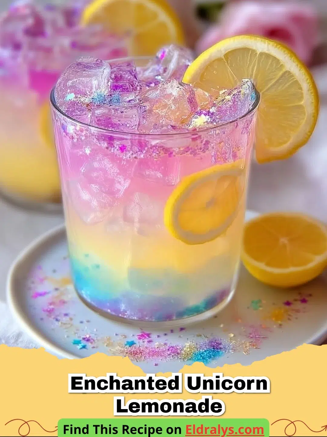 A glass of vibrant purple Enchanted Unicorn Lemonade with lemon slices and ice.