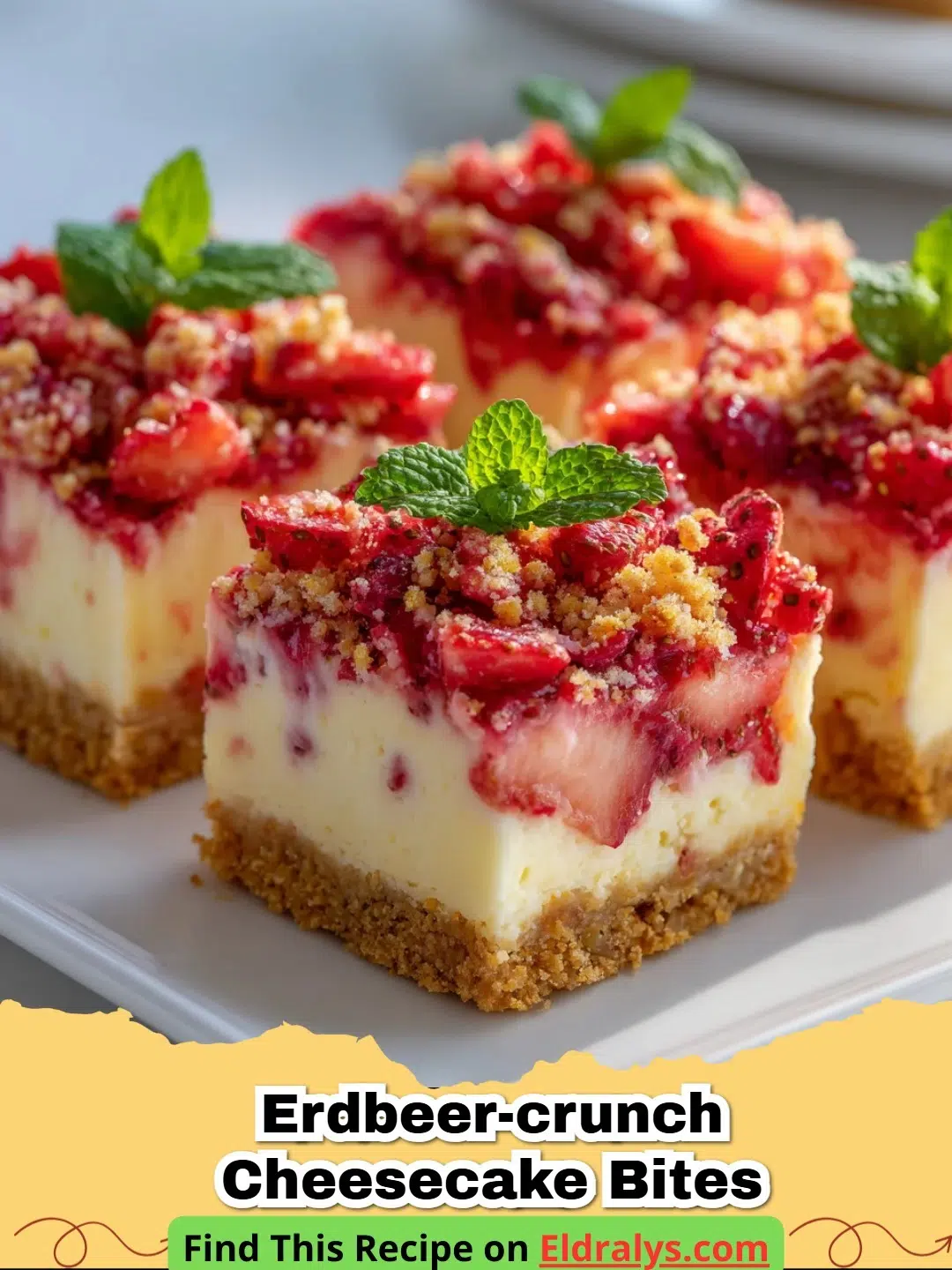 Ein Teller mit Erdbeer-Crunch Cheesecake Bites dekoriert mit frischen Erdbeeren