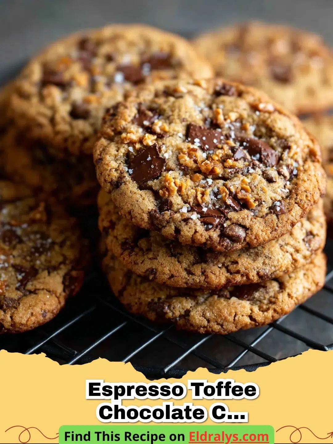 Espresso Toffee Chocolate Chip Cookies - Close up of a chewy Espresso Toffee Chocolate Chip Cookie with melting chocolate and toffee bits.
