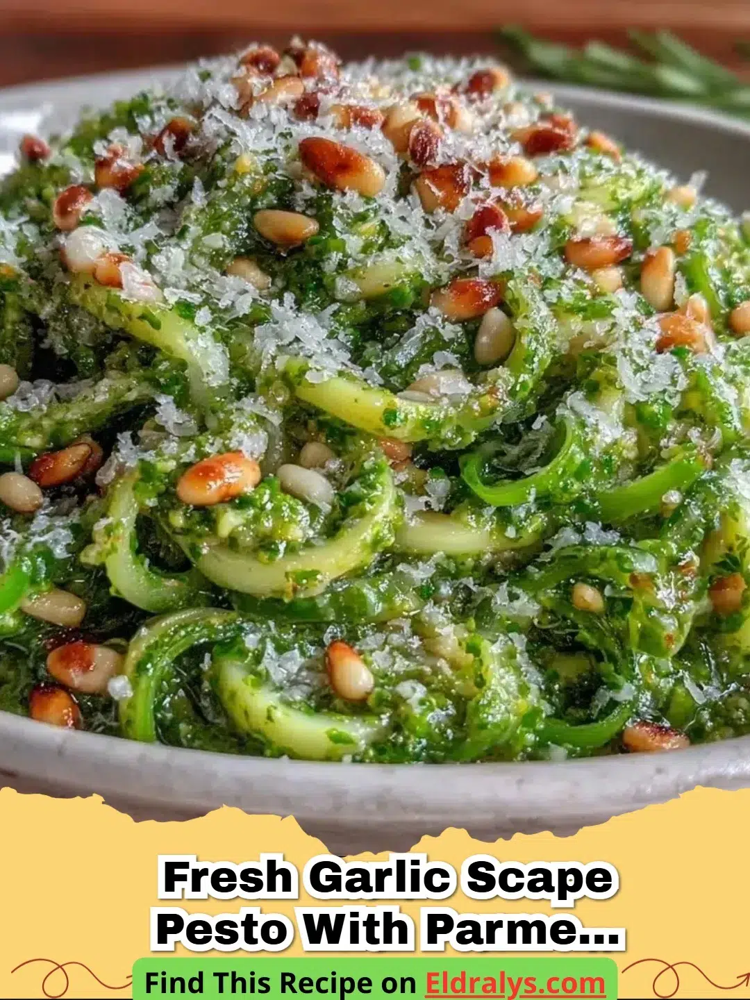Fresh Garlic Scape Pesto with Parmesan and Pine Nuts Easy Homemade Recipe - Fresh Garlic Scape Pesto with Parmesan and Pine Nuts in a glass jar