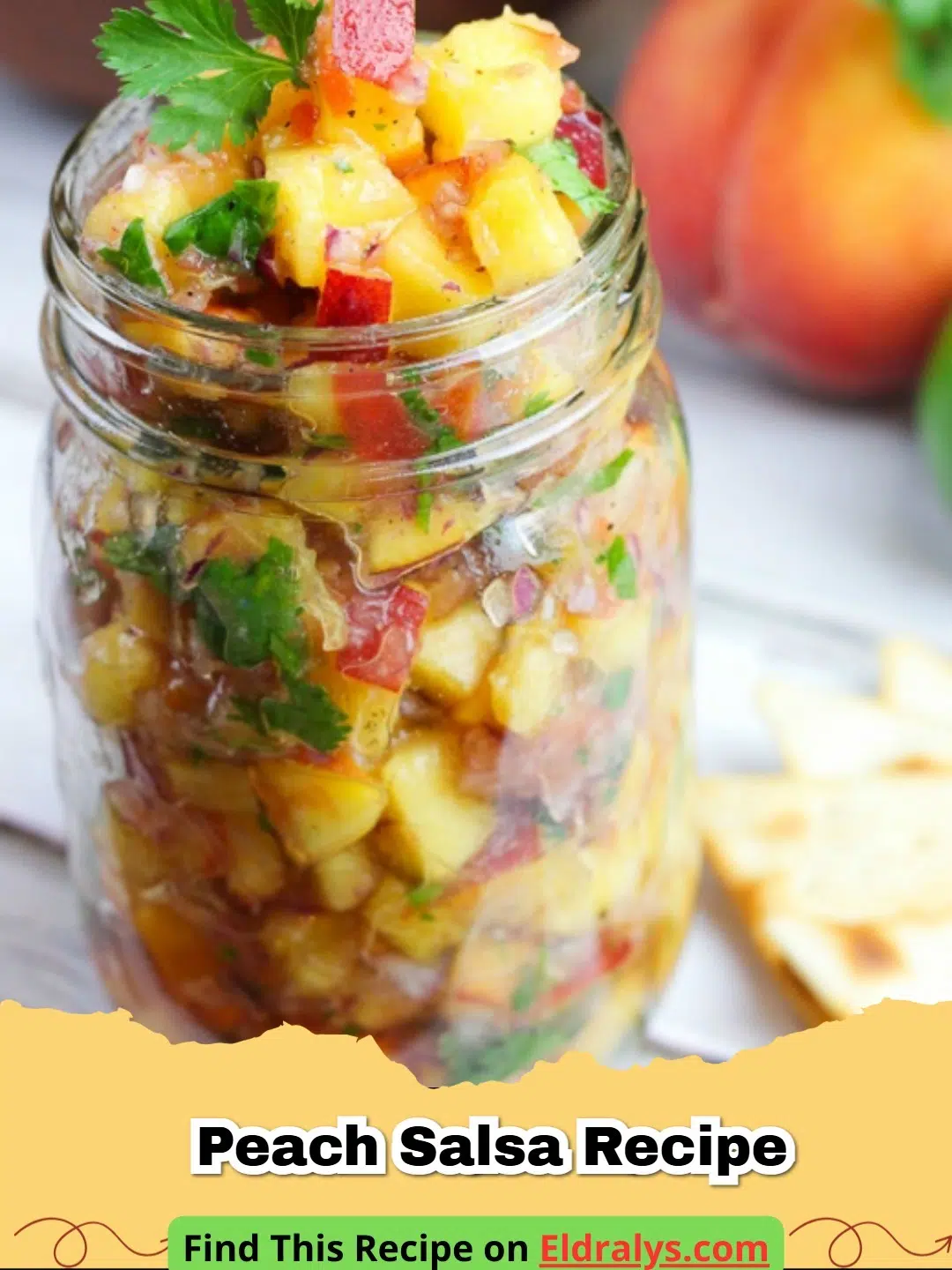 A close-up shot of a bowl of fresh Peach Salsa Recipe with corn chips on the side
