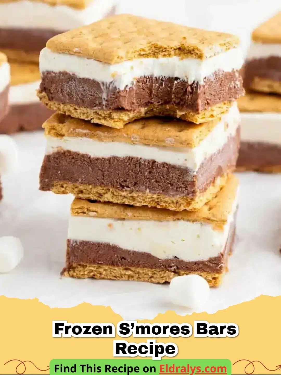 A close up shot of a layered Frozen S’mores Bars Recipe showing graham cracker, chocolate and marshmallow.