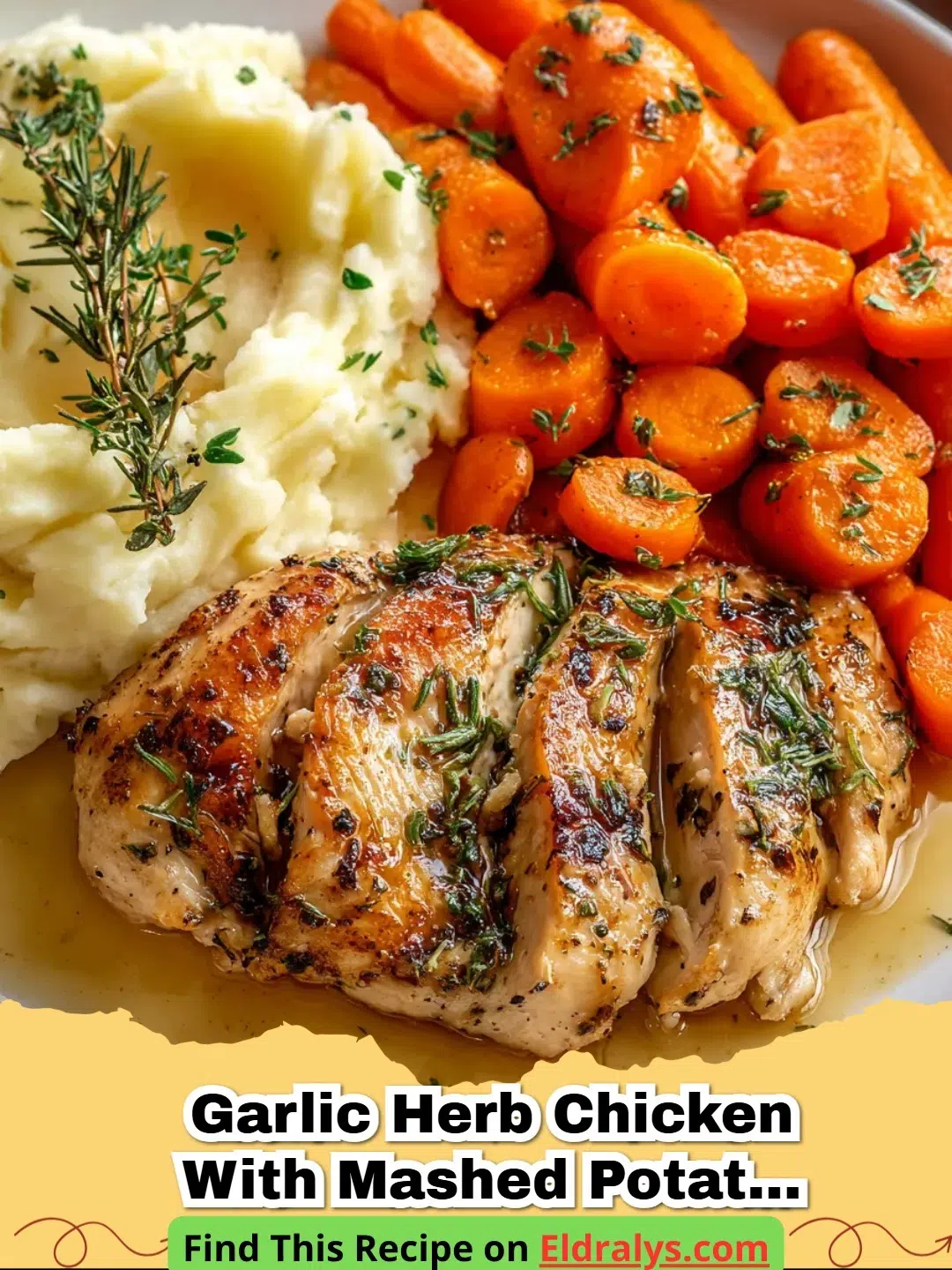 A plate of Garlic Herb Chicken with Mashed Potatoes and Glazed Carrots garnished with parsley