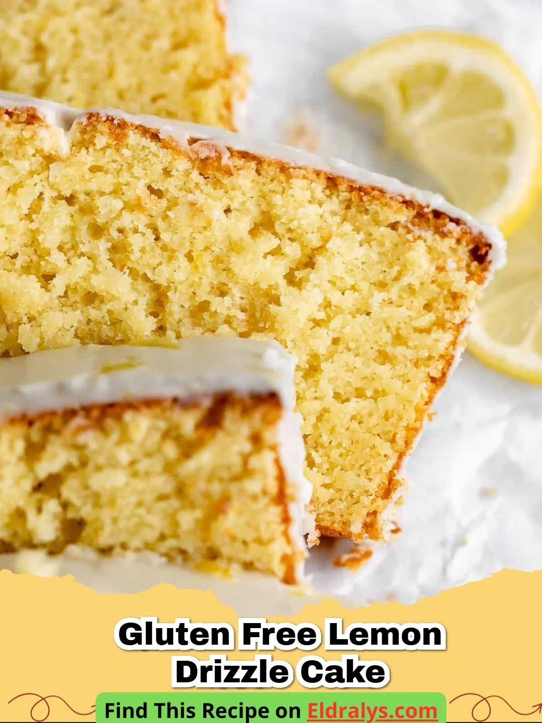 A golden Gluten Free Lemon Drizzle Cake in a loaf pan with sugar crust.